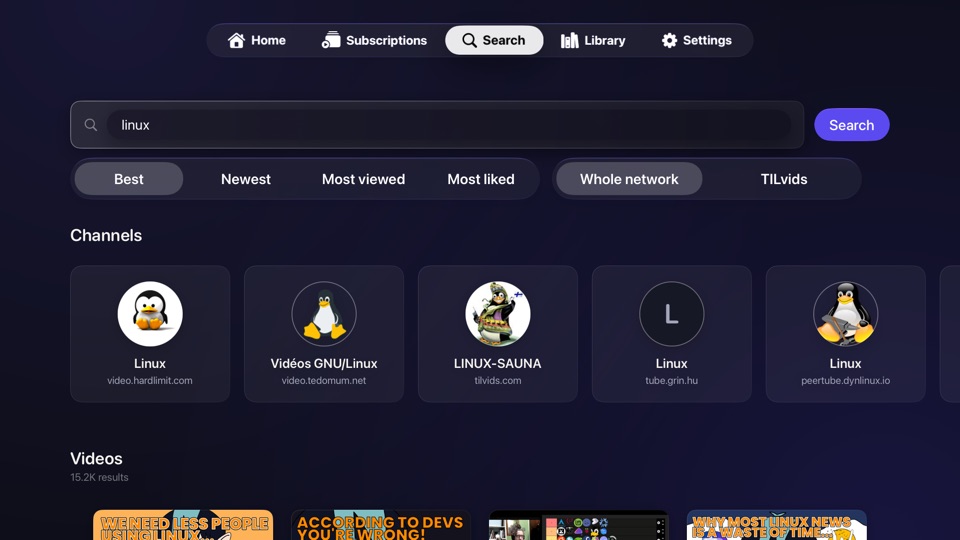 Searching for “linux” across the whole network: channels from five different instances, then videos.