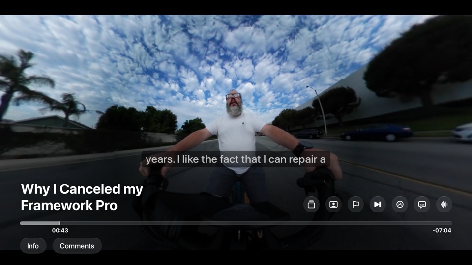A video playing full screen, with its title, the timeline and controls for quality, subtitles and more.