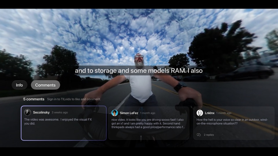 The Comments tab open over a playing video, with a row of comment cards.