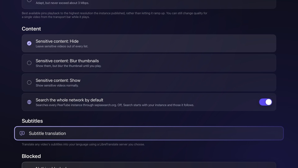 Settings, showing sensitive content hidden, whole-network search switched on, and subtitle translation.
