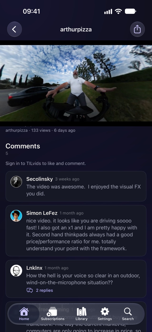 BufferedTV on iPhone: a video playing at the top of its page, with its comments underneath.